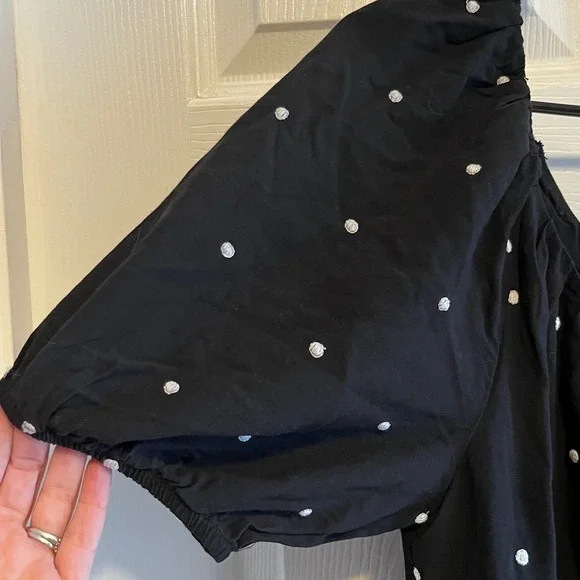 LOFT Black Polka Dot Tiered Puff Sleeve Square Neck Mini Dress Womens Medium - Picture 7 of 12